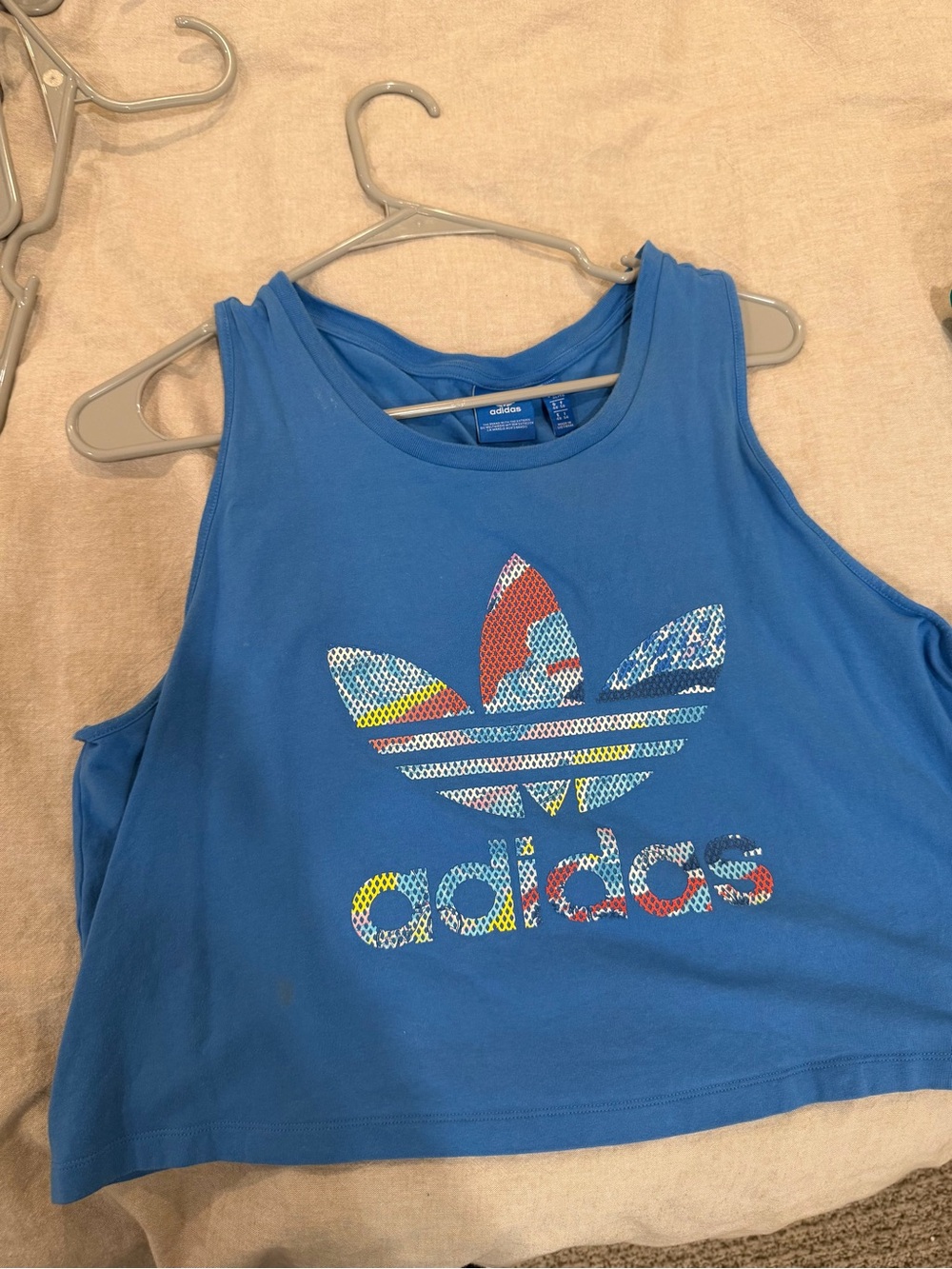 adidas Blue Cropped Tank with Multicolor Trefoil